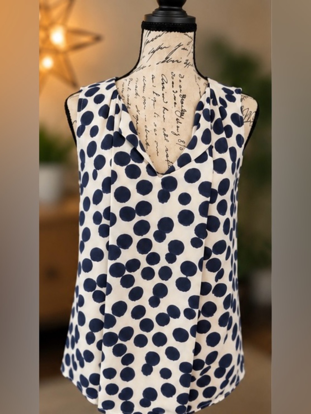 Ann Taylor LOFT Navy Polka Dot Sleeveless V-Neck Blouse Women’s Small